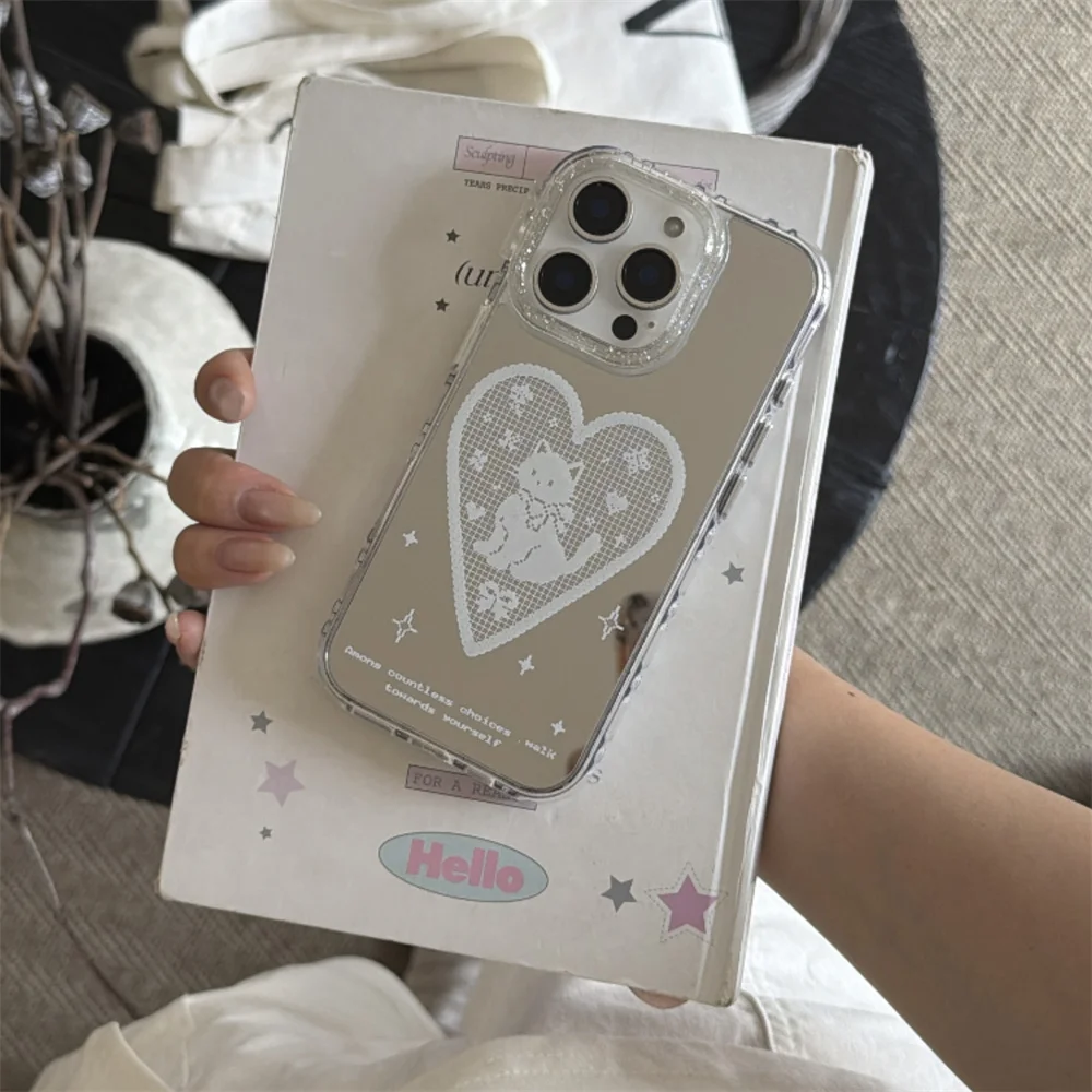 Kawaii Lace Heart Cat Mirror Phone Case For iPhone 15 16 17 Pro Max Aesthetic White Kitten Bow Print Makeup Mirror Phone Cover