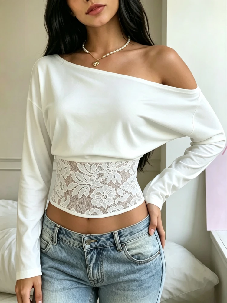 Spring and Autumn Fashion Women's Lace Splicing Shirt Transparent Waist Long Sleeve T-Shirt Shoulder Asymmetrical Versatile Top