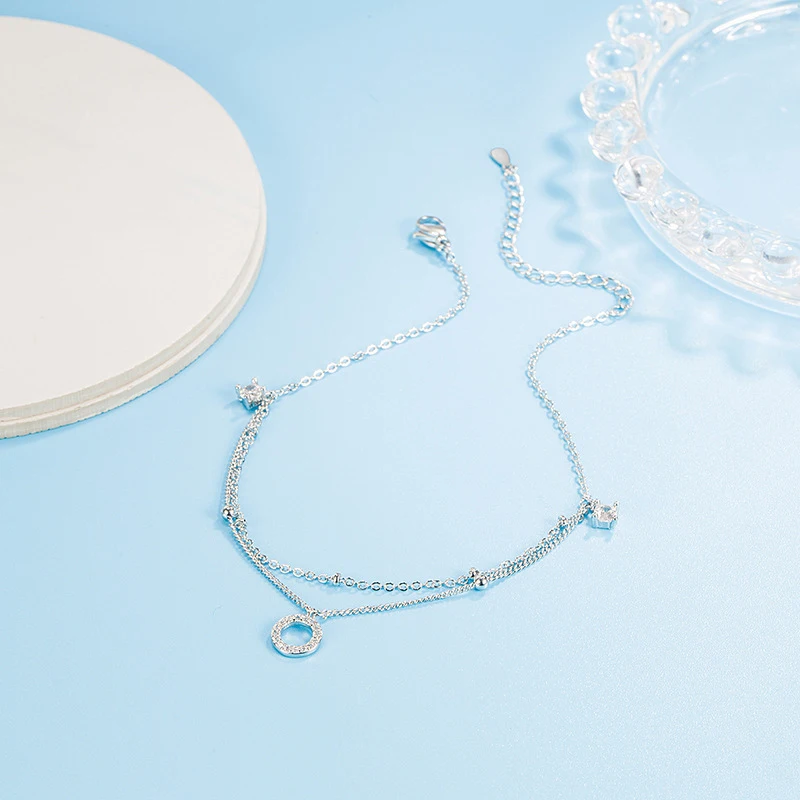 Elegant Round Zircon Pendant Double Layer 925 Sterling Silver Ankles Women Jewelry Fashion Adjustable Rhinestone CZ Foot Chain view 3