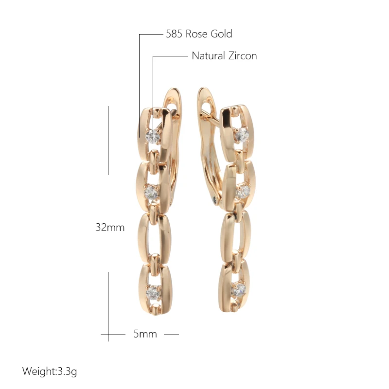 Wbmqda Luxury Trendy Hollow Chain Shape Long Dangle Earrings For Women 585 Rose Gold Color Classic Daily Zircon Ear Drop Jewelry