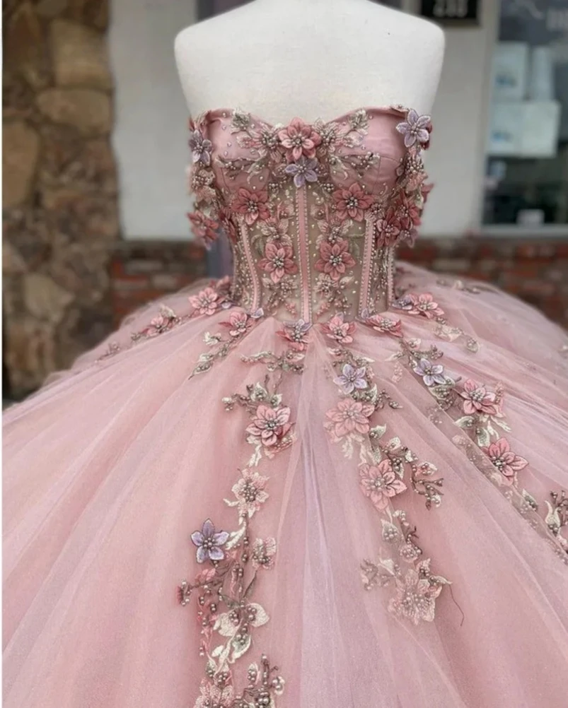 Charro-Robe de Bal Rose en Tulle avec Perles Florales, Tenue Douce Mexicaine, 16, 15 Ans