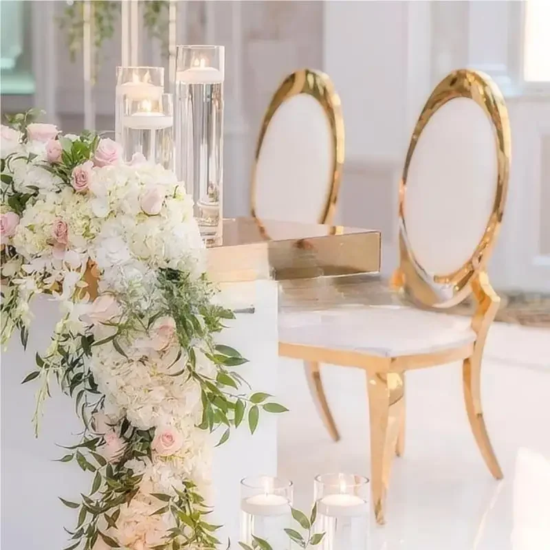 light luxury style quality stacking wedding banquet hall chairs white leather metal stainless steel gold wedding chair