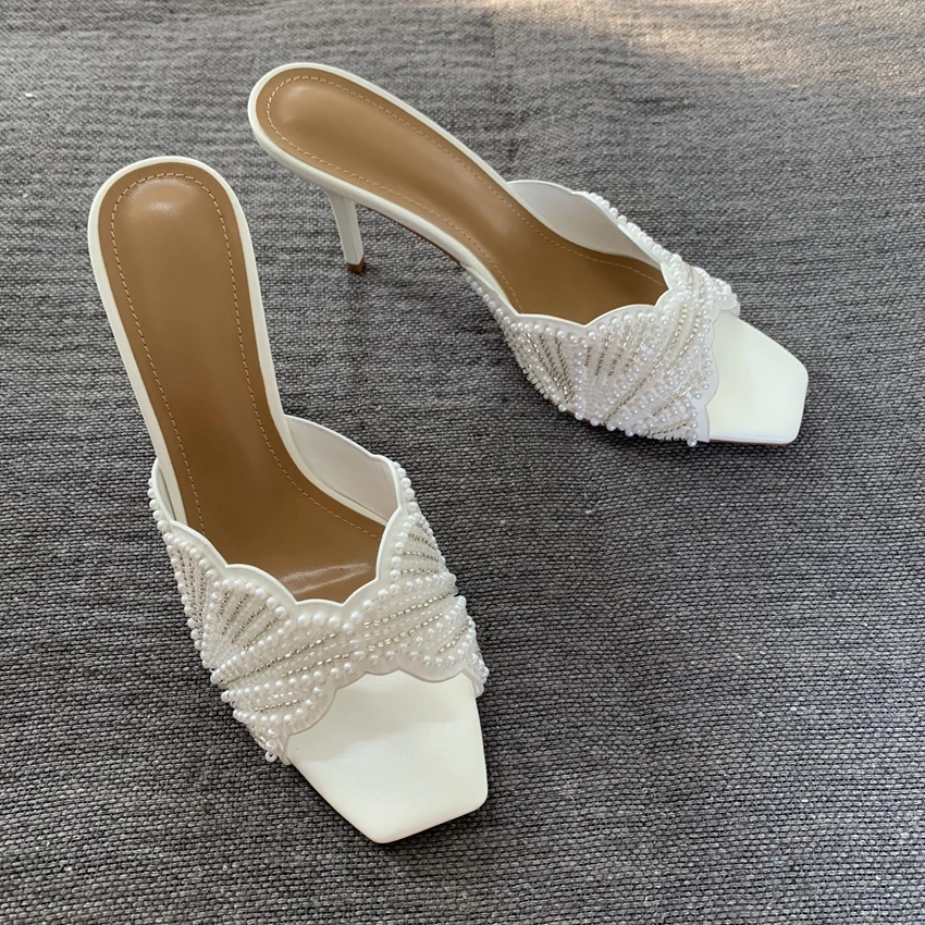 Damen Perlenbesetzte Sandalen mit eckiger Zehenpartie und hohem Absatz, offene Stiletto-Absätze, 2026 Party- und Hochzeitsschuhe, Damen-Sommer-Mules – Detail 5