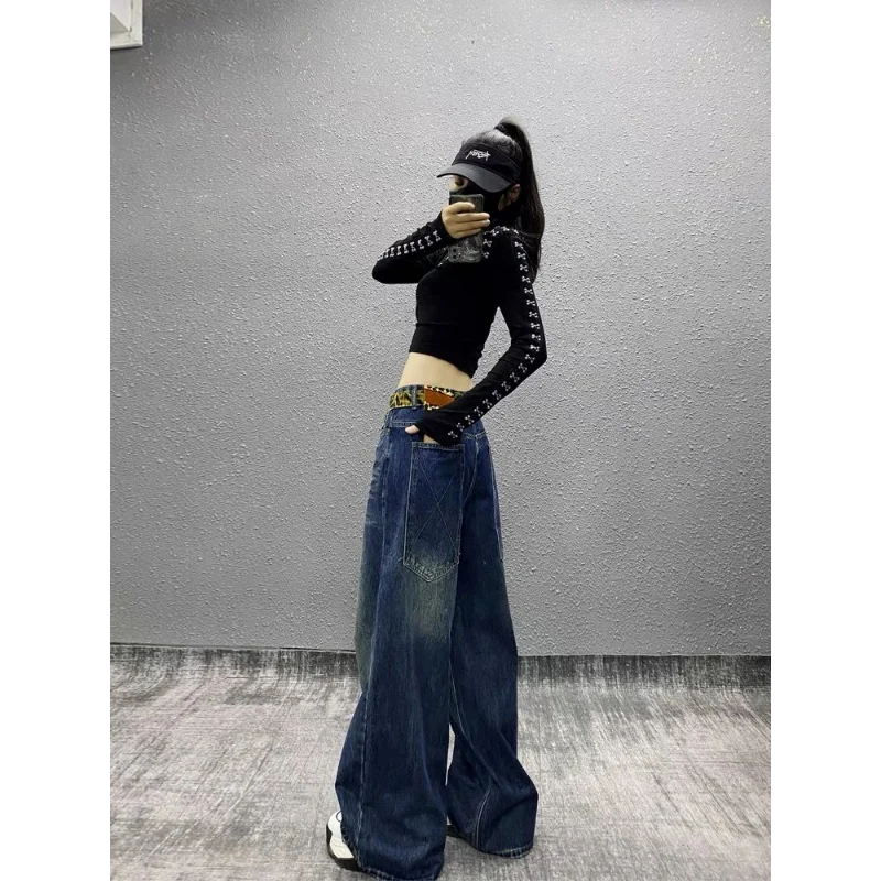 Spring and Autumn New American Pocket Casual Tie-Dye Jeans Women's Retro Leopard Print Ribbon Loose Wide Legs Pants