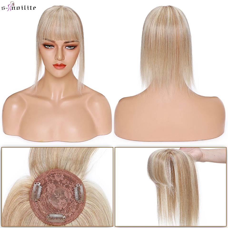 S-noilte 8.5x8.5cm Hair Topper 100% Human Hair Cilps Silk Base Wigs With Bangs Hairpiece Clip In Hair Extensions Natural Hair