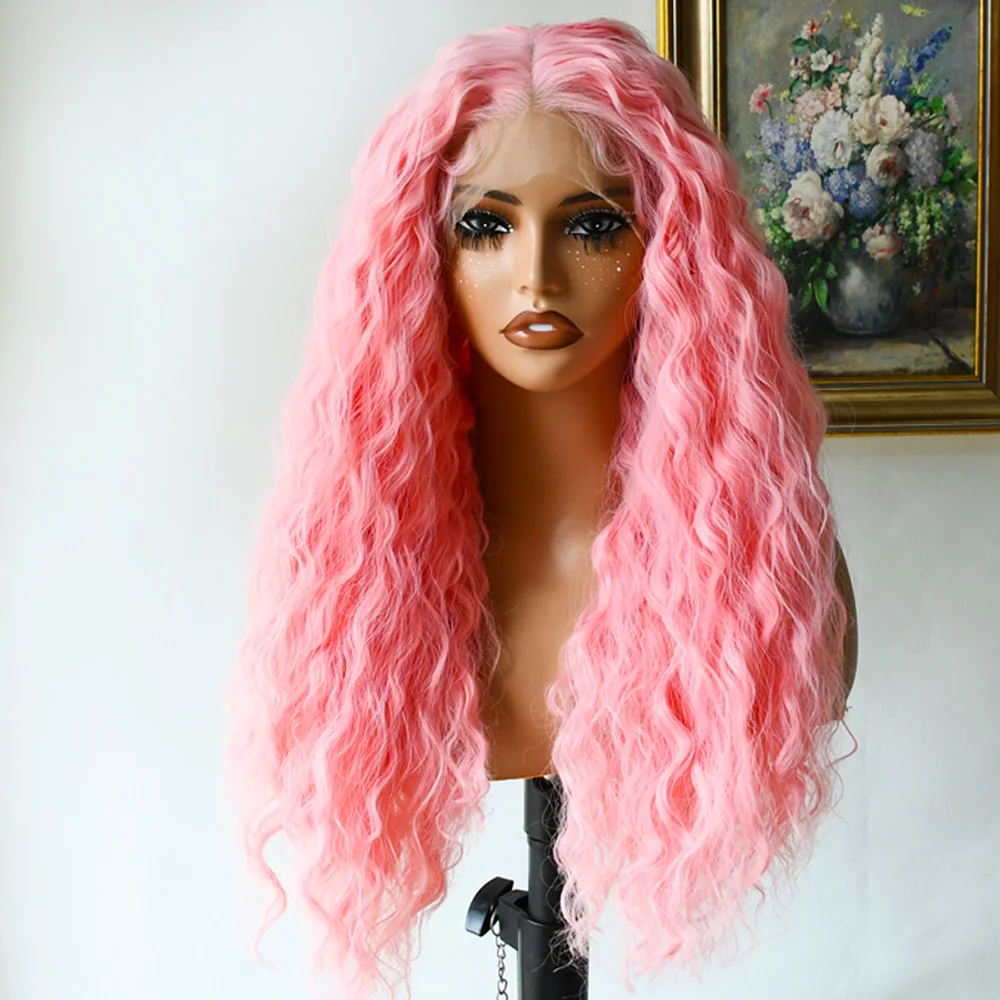 Parrucche anteriori in pizzo sintetico rosa Parte libera Onda profonda Parrucche in pizzo senza colla per capelli in fibra naturale resistente al calore per le donne