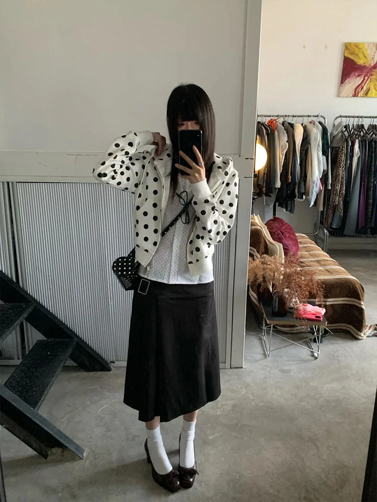 

Корейский Sle, белый женский свитер в горошек, осень-зима, новый свободный открытый кардиган на молнии, пальто для женщин