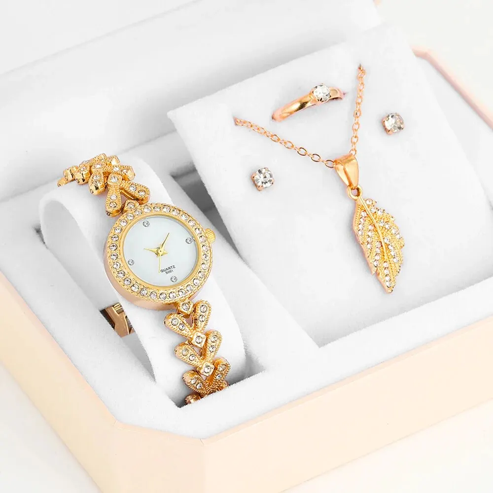 5PCS Set Women Luxury Casual Fashion Quartz Watch Necklace Earring Ring Wristwatches Dress Clock Set Montre Femme