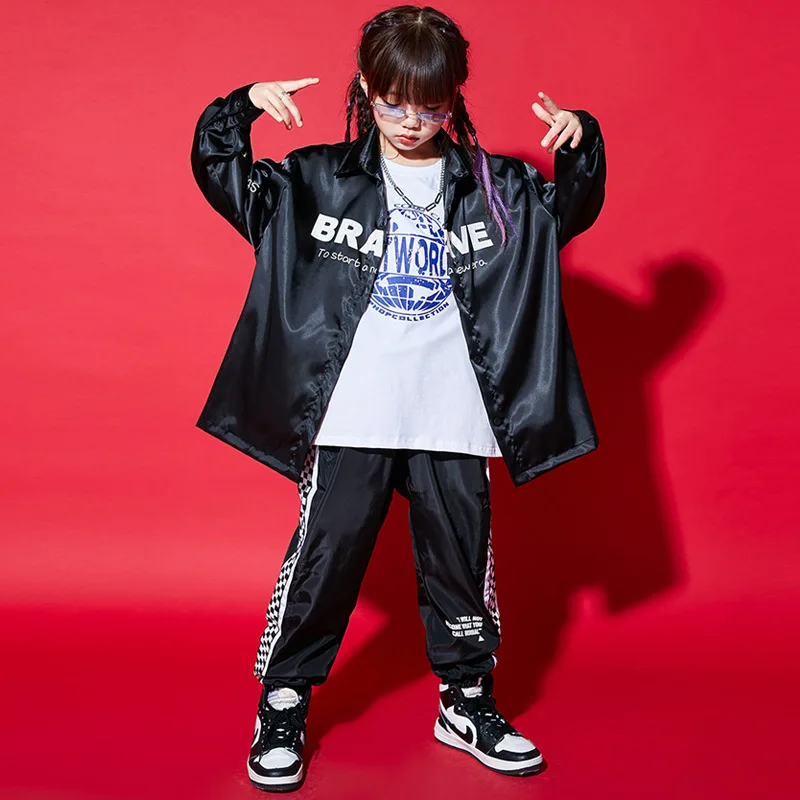 Kid Hip Hop Clothing Black Letter Print Shirt Casual Checkered Jogger Pants for Girl Boy Jazz Dance Costume Clothes Set Outfits