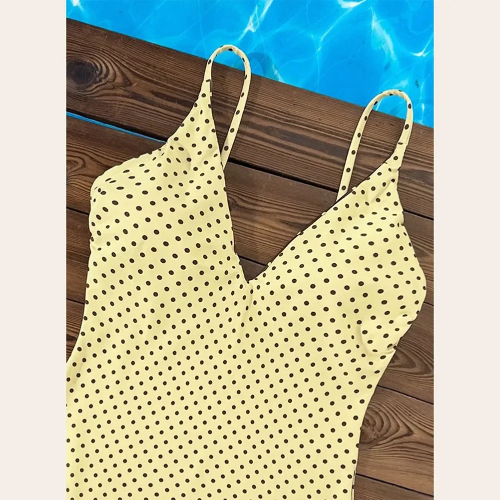 1pc Bathing Suit European/American Style Polka Dot Halter One-piece-Swimsuit Belly Covering Bikini Beach Hot Spring Swimsuit