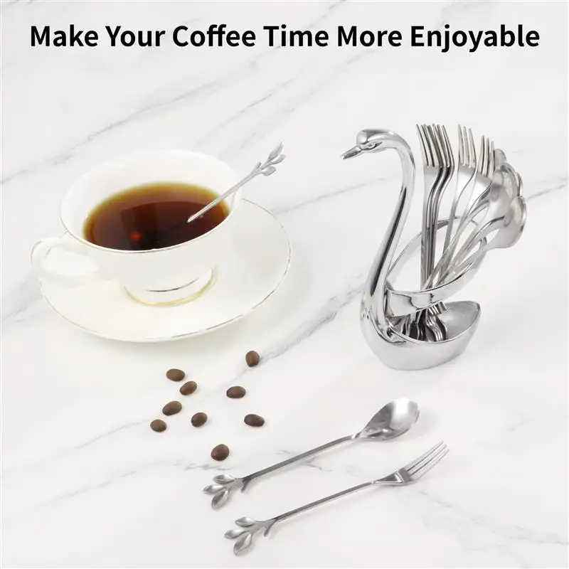 13Pcs/Set Spoon And Fork Set With Swan Base Coffee Spoons Forks With Silver Small Swan Base Holder Set Dessert Tea Spoon Set