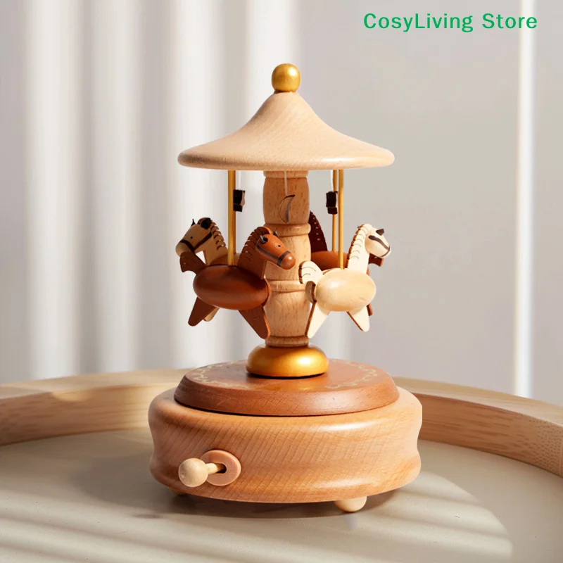 DIY Handmade Wooden Carousel Music Box Ornaments Rotatable Hand-cranked Music Box Birthday Christmas Gift Children’s Toys