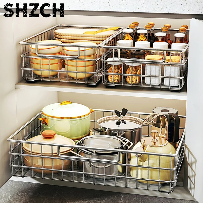 Stainless Steel Pull-Out Cabinet Organizer Under Sink Storage Basket Kitchen Seasoner Shelf Heavy Duty Slide-Out Storage Rack