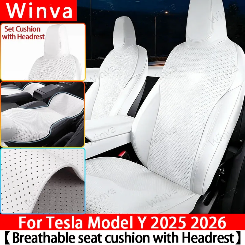 Ice Silk Cool Seat Cushion with Headrest Cover for Tesla Model Y Juniper 2025 2026–Ultra Breathable, Sweat-Proof,Instant Chill