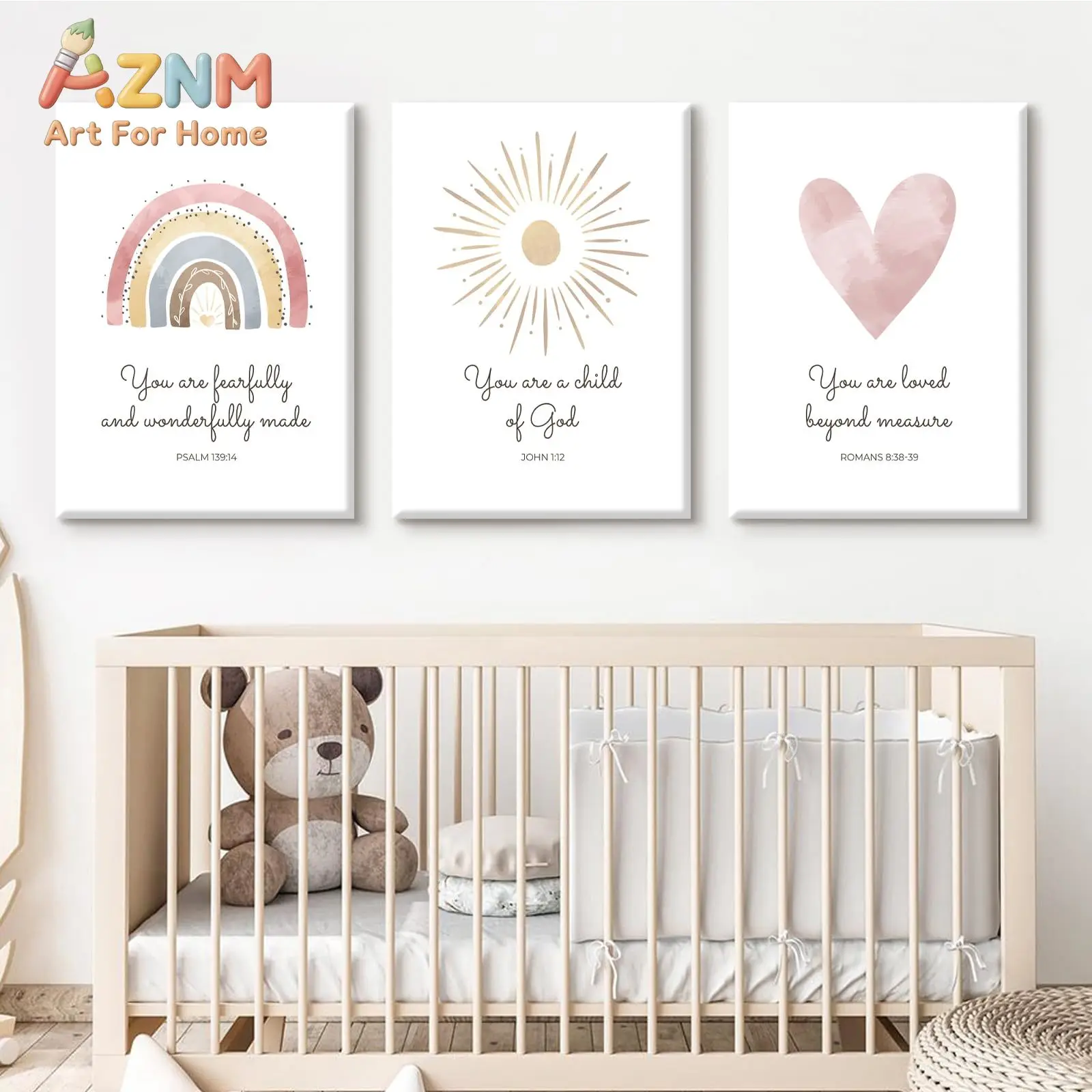 AZNM Bible Verse Canvas Wall Art Rainbow Sun Heart Inspirational Religious Quote Frameless Canvas Painting Nursery Kids Room Hom
