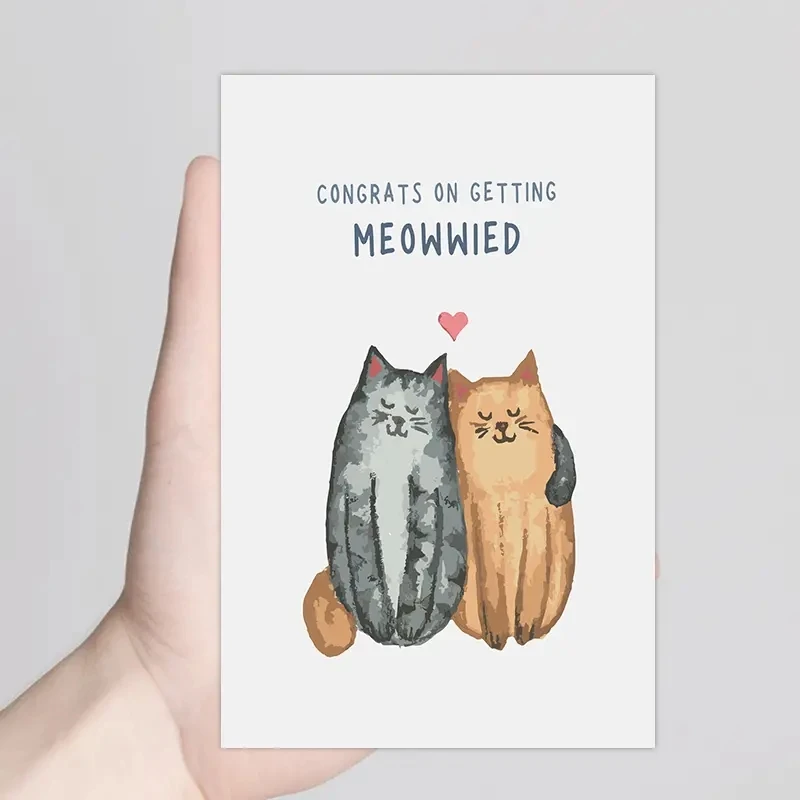 1 pz, simpatico gatto biglietto di nozze, congratulazioni fidanzamento, carta di matrimonio per gli amanti dei gatti, carta acquerello fatta a mano.