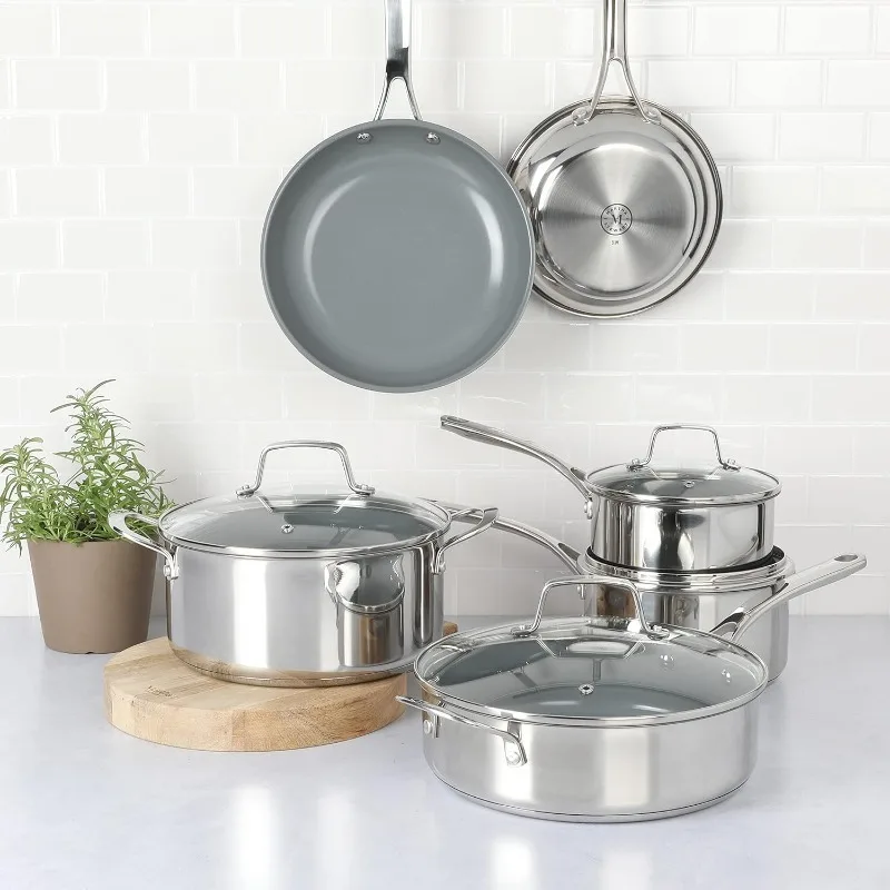 

Castelle 10 Piece 18/8 Stainless Steel Induction Safe Pots and Pans Non-Toxic Cookware Set