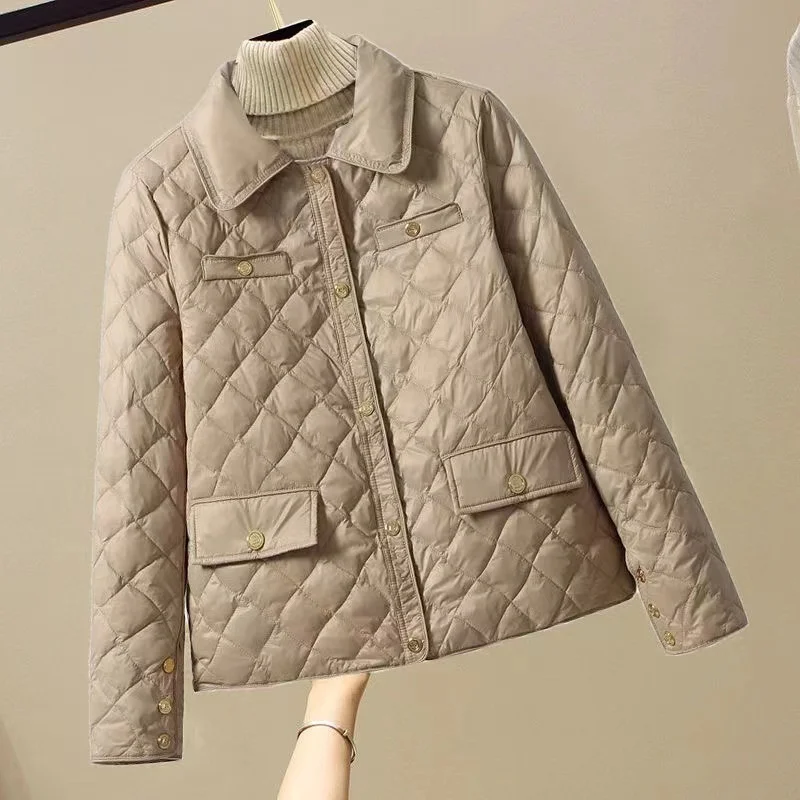 2024 New Rhombic Cotton-Padded Jacket Women\'s Autumn Winter Oversized Parkas Casual Outwear Lady Elegant Warm Down Cotton Coat