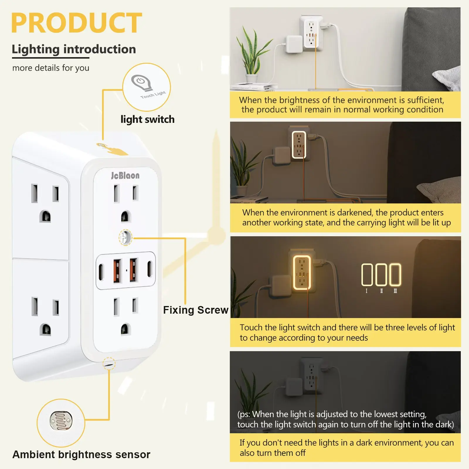 USB C Wall Outlet with Night Light, 5V 2.4A Fast Charging Socket, AC Power Plug Adapter with Type-C Port for Home Bathroom Hallw