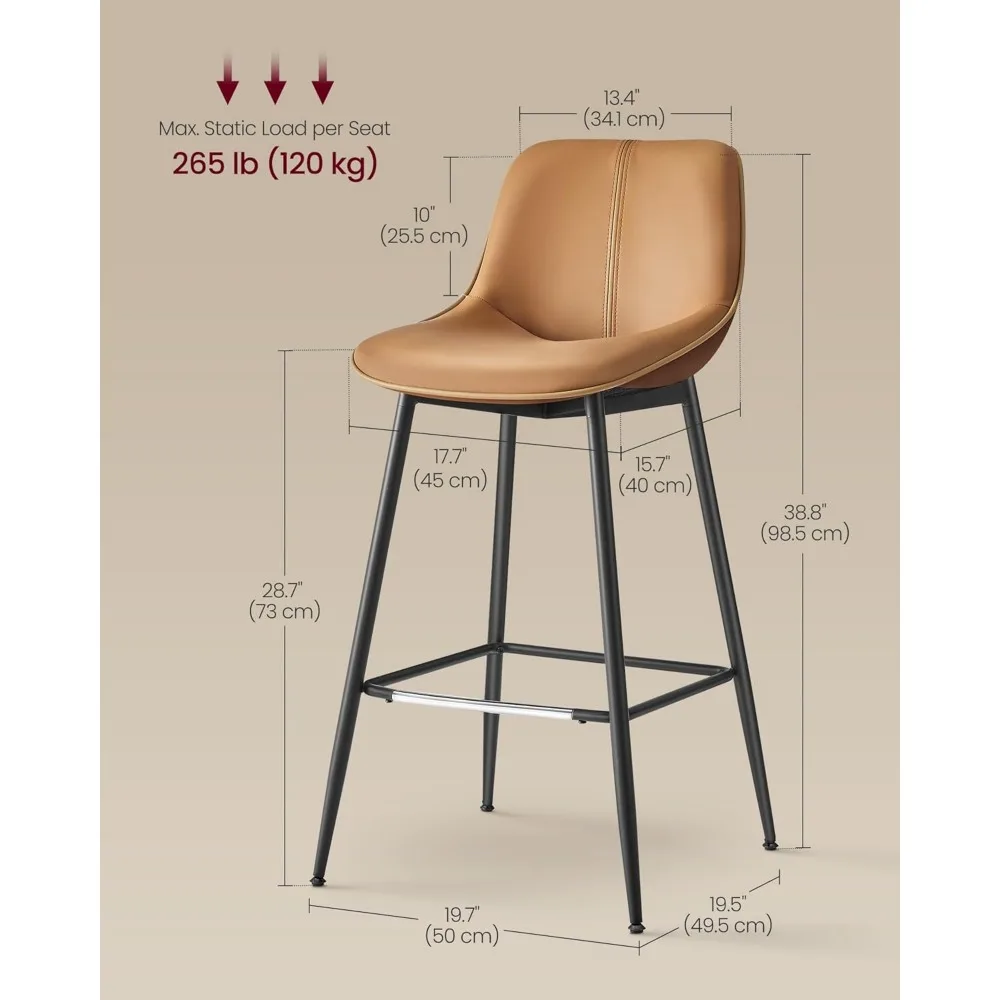 Bancos na altura do bar com encosto ergonômico traseiro, couro sintético, pernas de metal, bancos altos 28.7 ", conjunto de 2