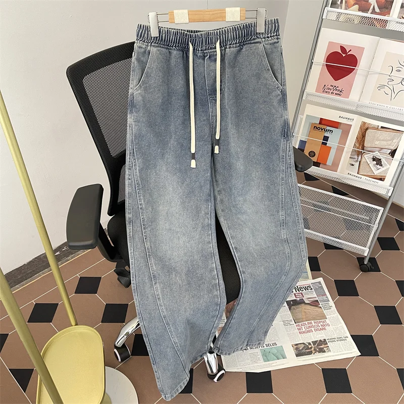 

Trendy Men's Straight Leg Jeans with Rope Waist Loose Casual Long Pants Washed Hong Kong Style Retro Wide Leg Dad Pants