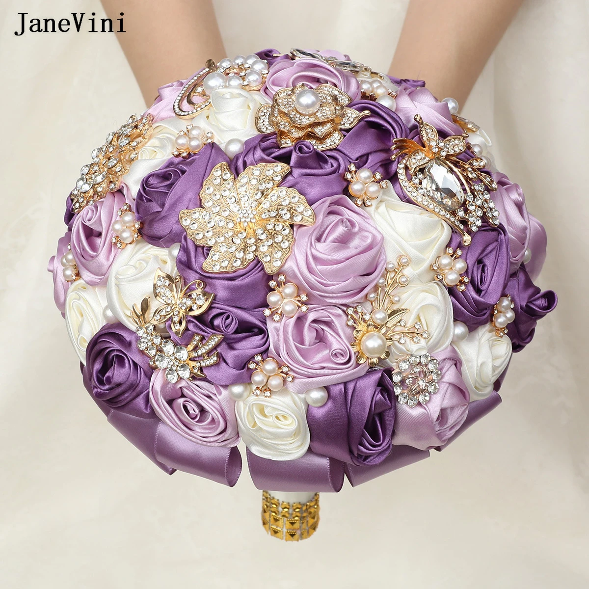 JaneVini New Luxury Purple Ivory Flowers Bridal Bouquets with Gold Crystal Artificial Satin Roses Jewelry Wedding Brooch Bouquet