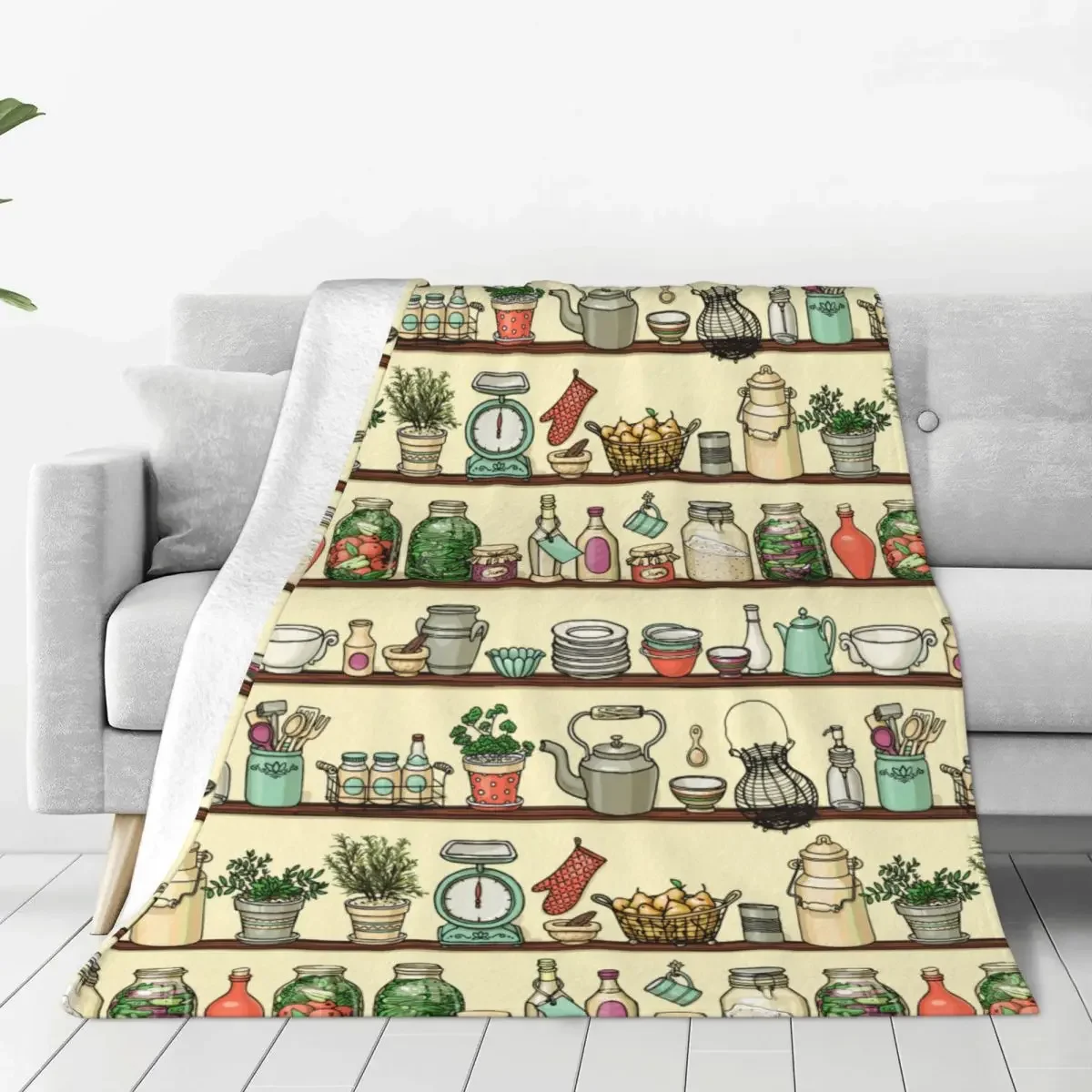 Cozy Kitchen Shelves Colorful Cooking Food Blanket Stuff Sofa Decorative Chef Cook Kitchenware Borders Throw Blankets