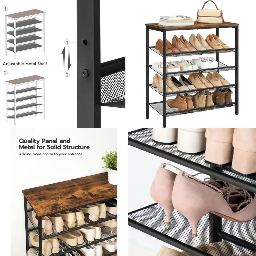

5-ярусная регулируемая сетчатая полка для обуви, цвет рустик-коричневый, вмещает 16-20 пар, органайзер для прихожей в индустриальном стиле