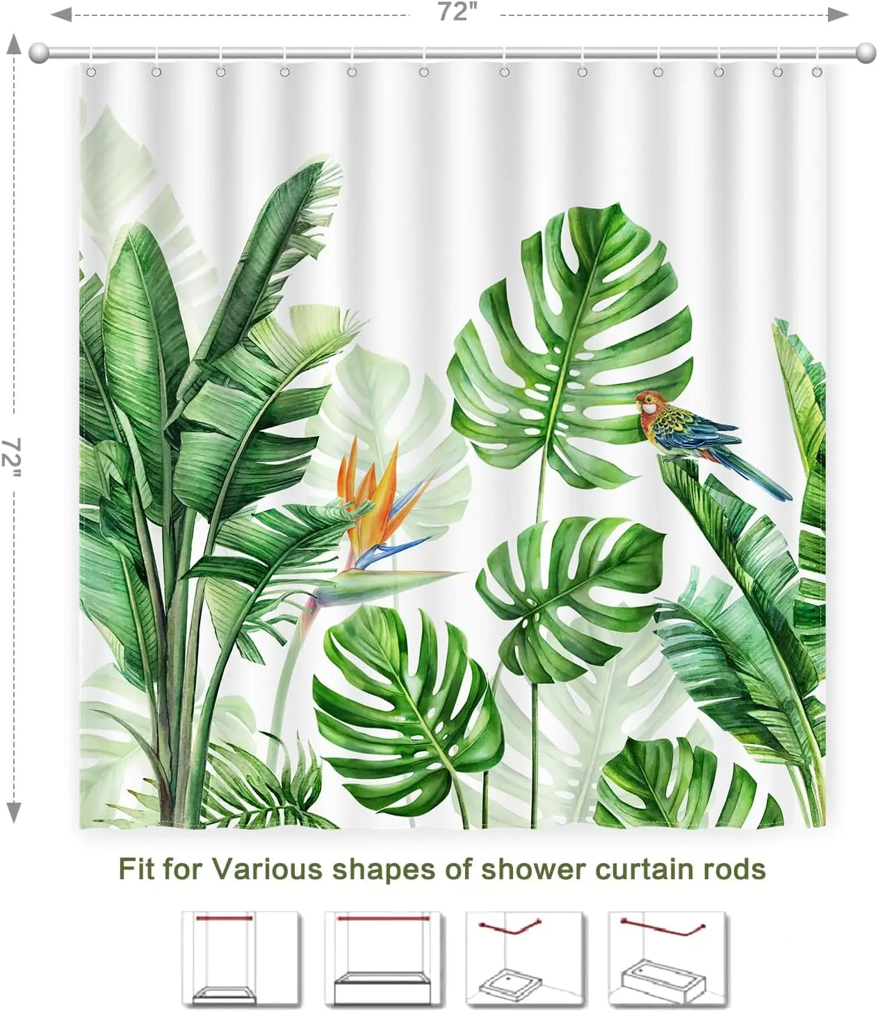 Tropical Plants Shower Curtain, Summer Shower Curtain Green Monstera Leaf with Bird, Polyester Fabric Waterproof showercurtain S