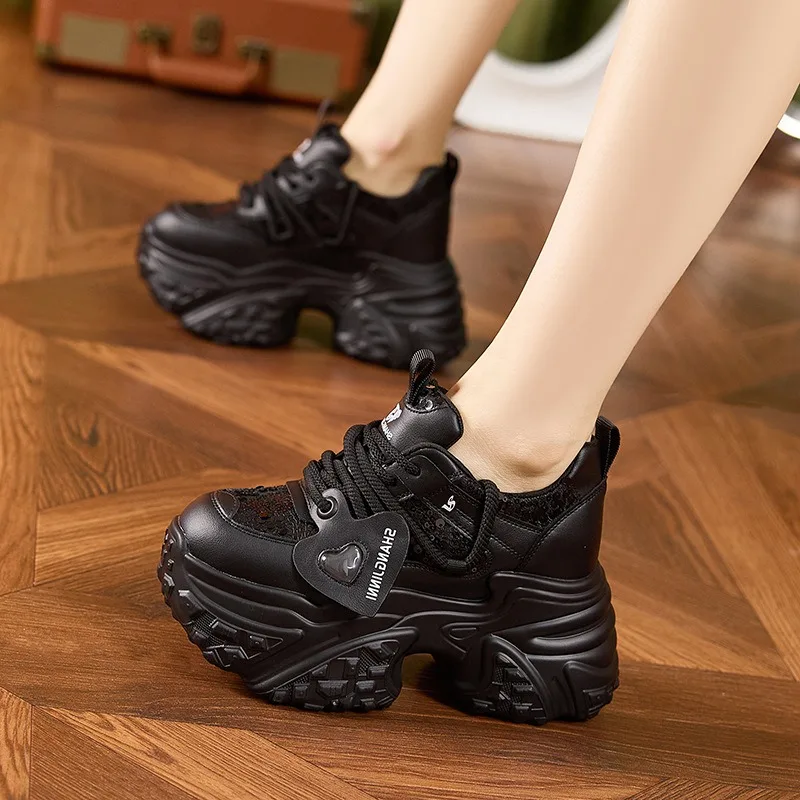 10CM Women Casual Platform Sneakers High Heels New Spring Sports Vulcanized Shoes Bling Chunky Sneakers Zapatos Mujer Size 34 39