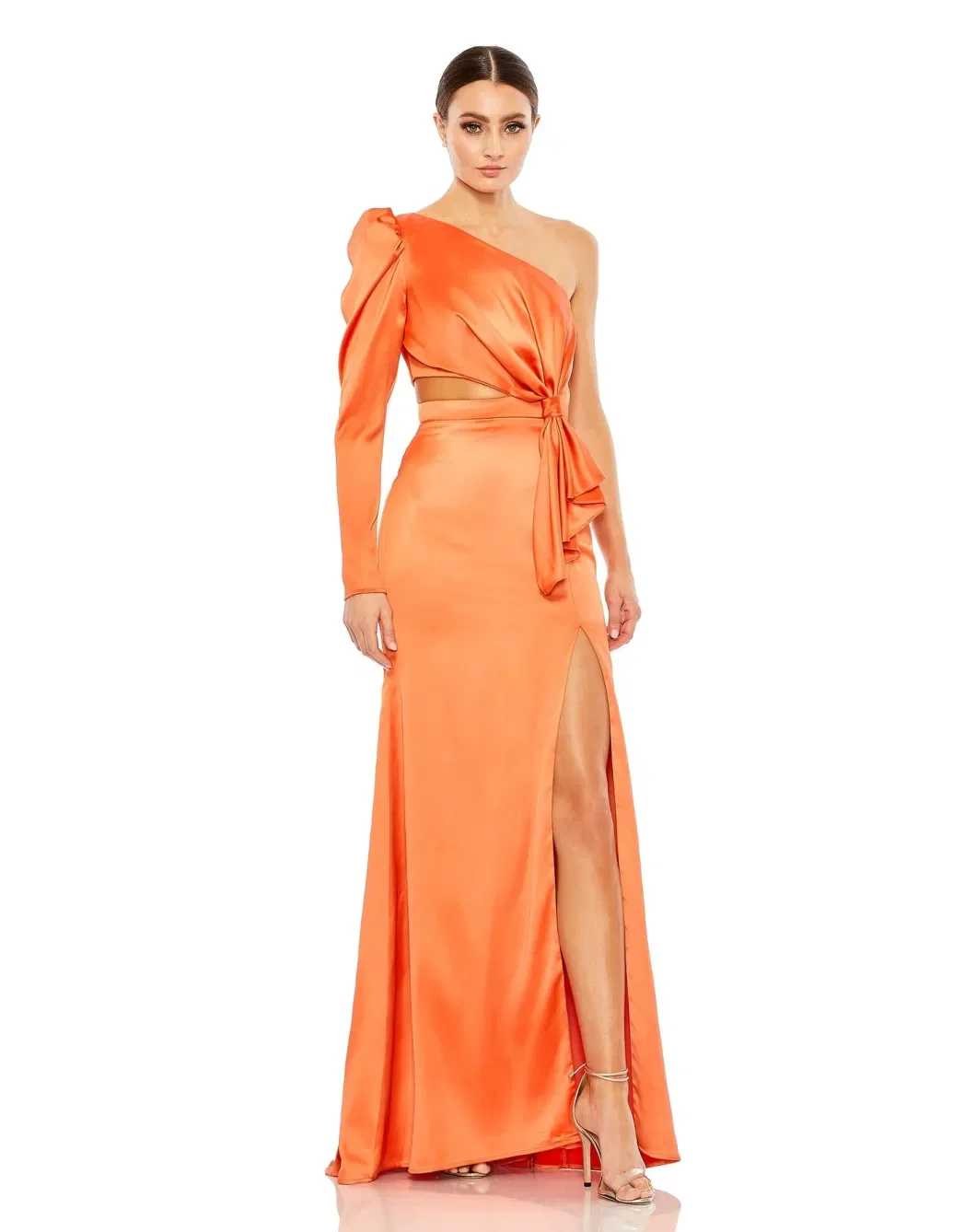 Robe de Soirée de Forme Sirène Asymétrique en Satin, Tenue à Manches sulf, Découpe à la Taille, Fente Haute