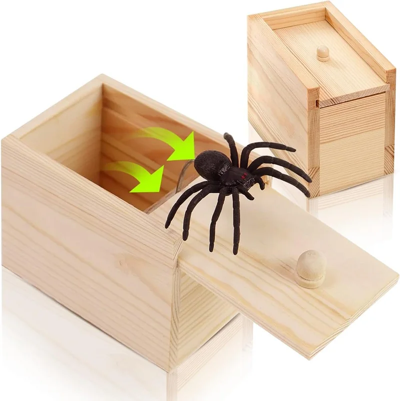 Funny Trick Toys for Kids Spider Scare Box Wooden Hidden Box Prank Trick Horror Spiders Fun Game Easter Party Decoration Gifts