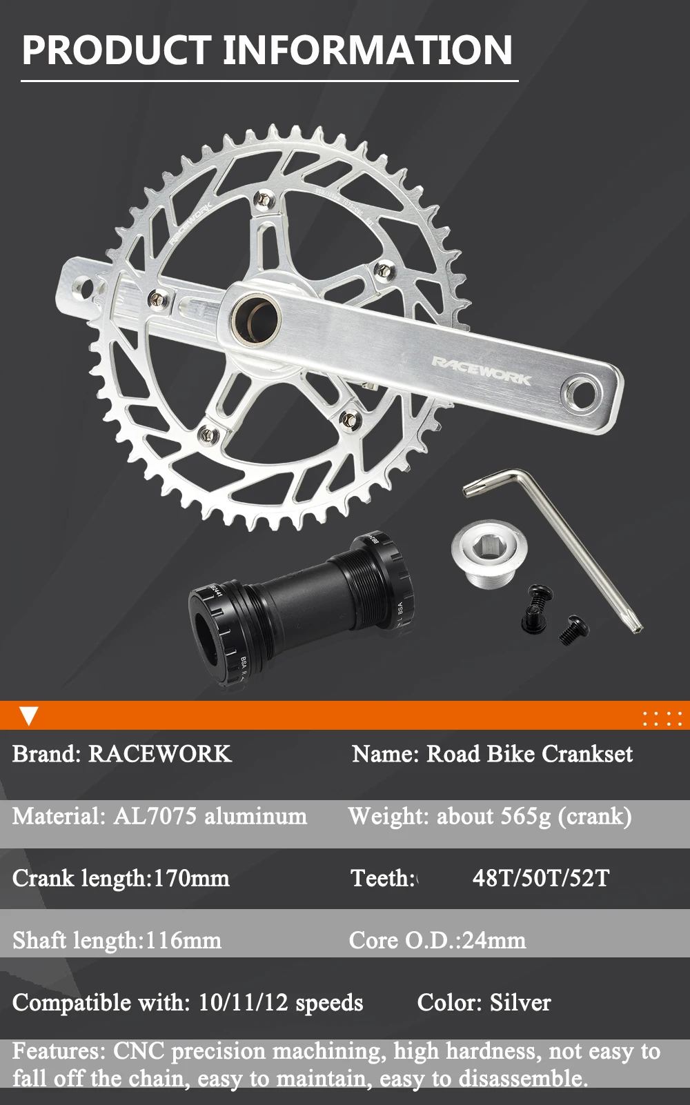 RACEWORK CNC Rennrad Kurbelgarnitur 170mm Fahrradkurbel 9/10/11/12 Geschwindigkeit 48/50/52T Kettenblatt Krone für SRAM GXP GRAVEL – Detail 2