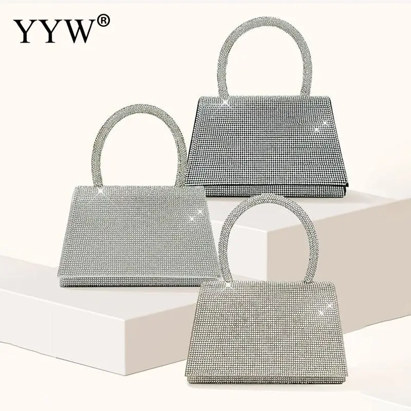 Elegant Shiny Rhinestone Evening Handbag Women Top Handle Wedding Party Diamond Clutch Bag Soft PU Leather Chain Messenger Purse