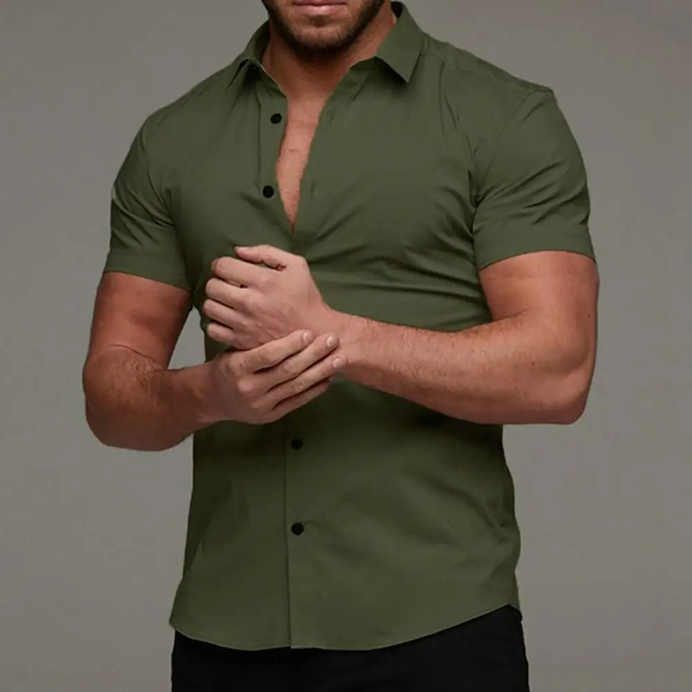 Summer Fashion Short Sleeve Shirt Men Solid Super Slim Fit Male Social Business Dress Shirt Brand Men Gym Fitness Sport Clothing