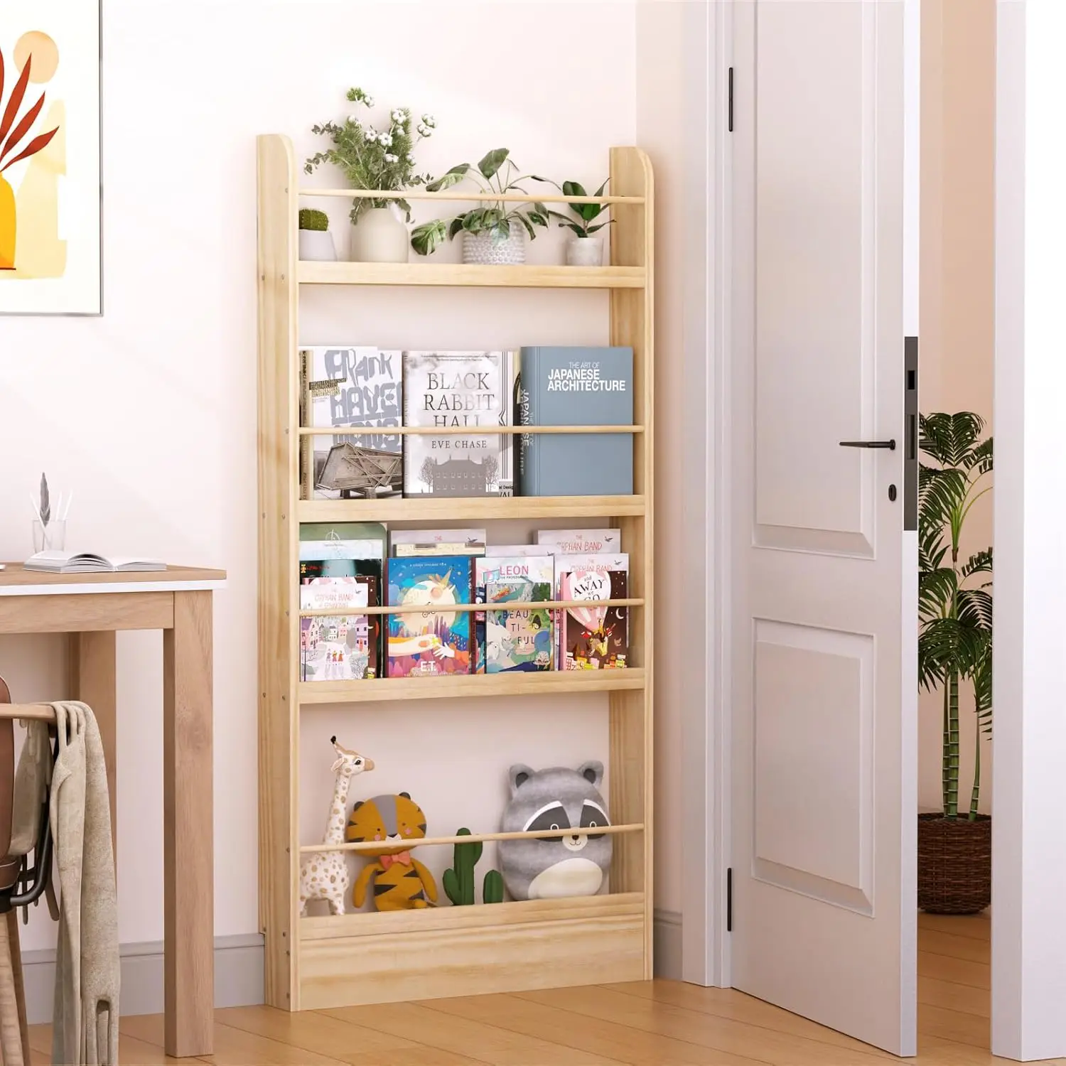 

4-уровневая тонкая настенная книжная полка для детских комнат, органайзер для хранения вещей за дверью, деревянная полка для игрушек и книг