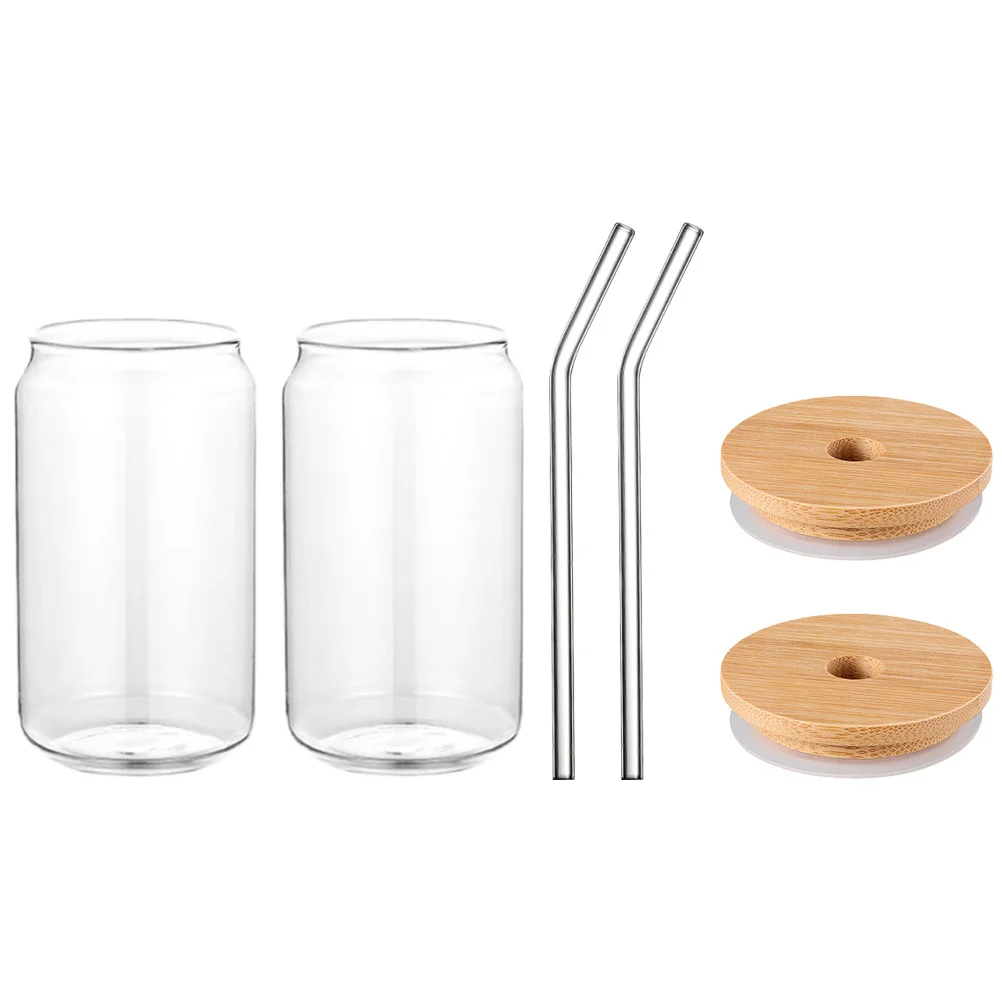 

2Sets Glass Straw Cups Clear Lovely Drinking Mugs Comfortable Handle Warm Keep Lid for Coffee Juice Wine Tea Home Bar Office Use