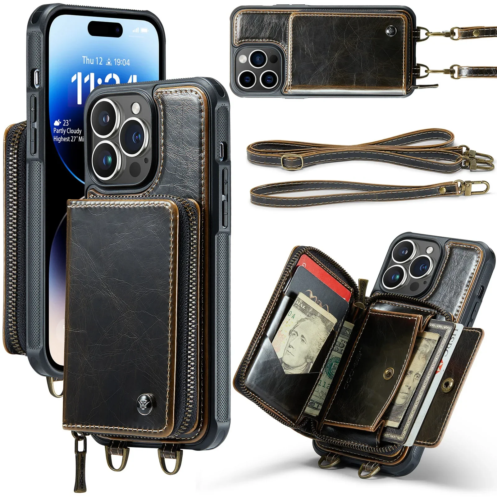 Zipper Leder Brieftasche Telefon Fall Für iPhone 16 Pro Max 14Plus 14 15 13 12 11 Karten Halter Solt stehen Hand Strap Zurück Abdeckung Coque
