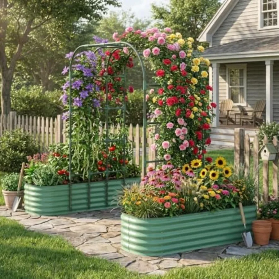 Garden Arbor with Planter Box, 96 Tall Metal Garden Arch Trellis, Expandable Raised Garden Bed for Climbing Plants and Vines in