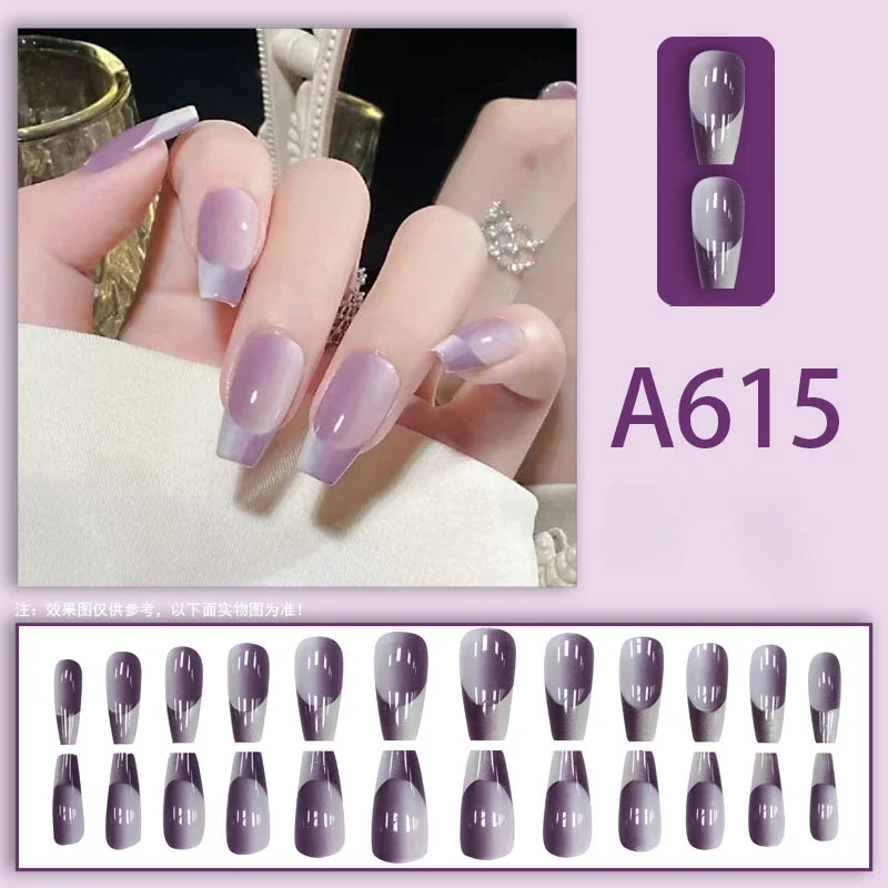 24pcs Gentle Style Wearable Nail Print Solid Color French False Nails with Glue Removable Nail Art Fake Nails Press on Nails