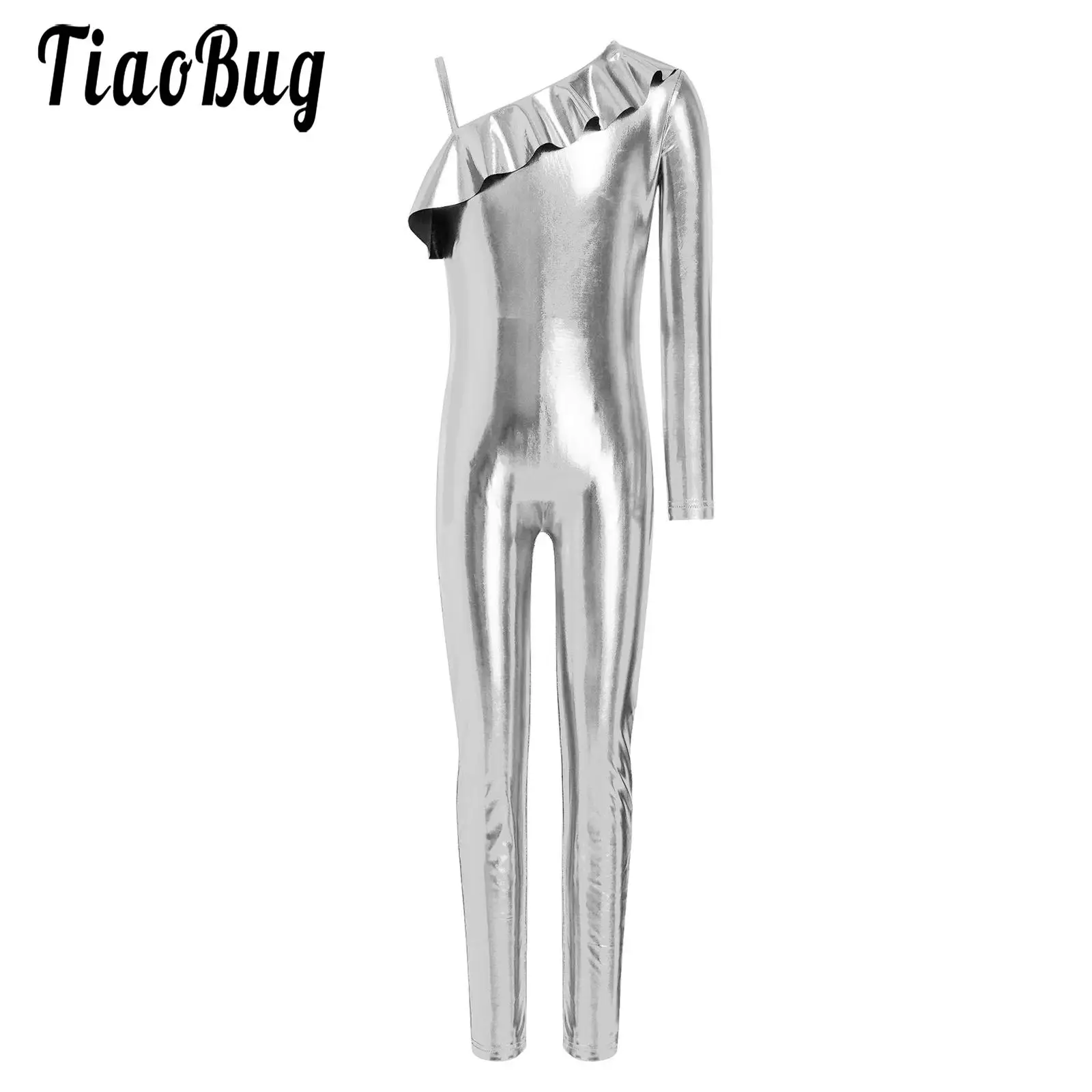 Kids Girls Metallic Gymnastics Ballet One-piece Leotard Acrobatics Dance Jumpsuits One Long Sleeves Zipper Skating Jazz Leotards