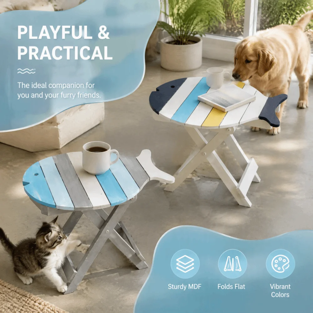 Distressed Solid Wood Folding Side Table Colorful Wooden Painted Wood Fish-Shaped Table Hand Painted Small End Table Patio