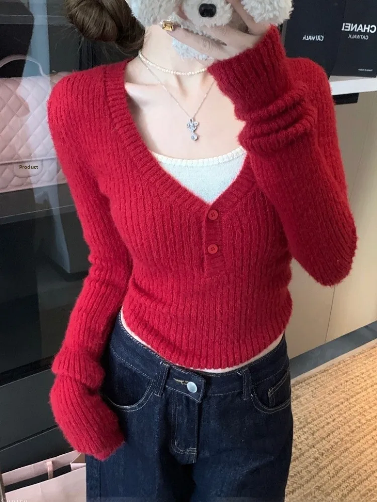 Camiseta de punto suave con cuello bajo y manga corta/larga para mujer, roja, Pure Desire, para otoño/invierno, prenda interior.