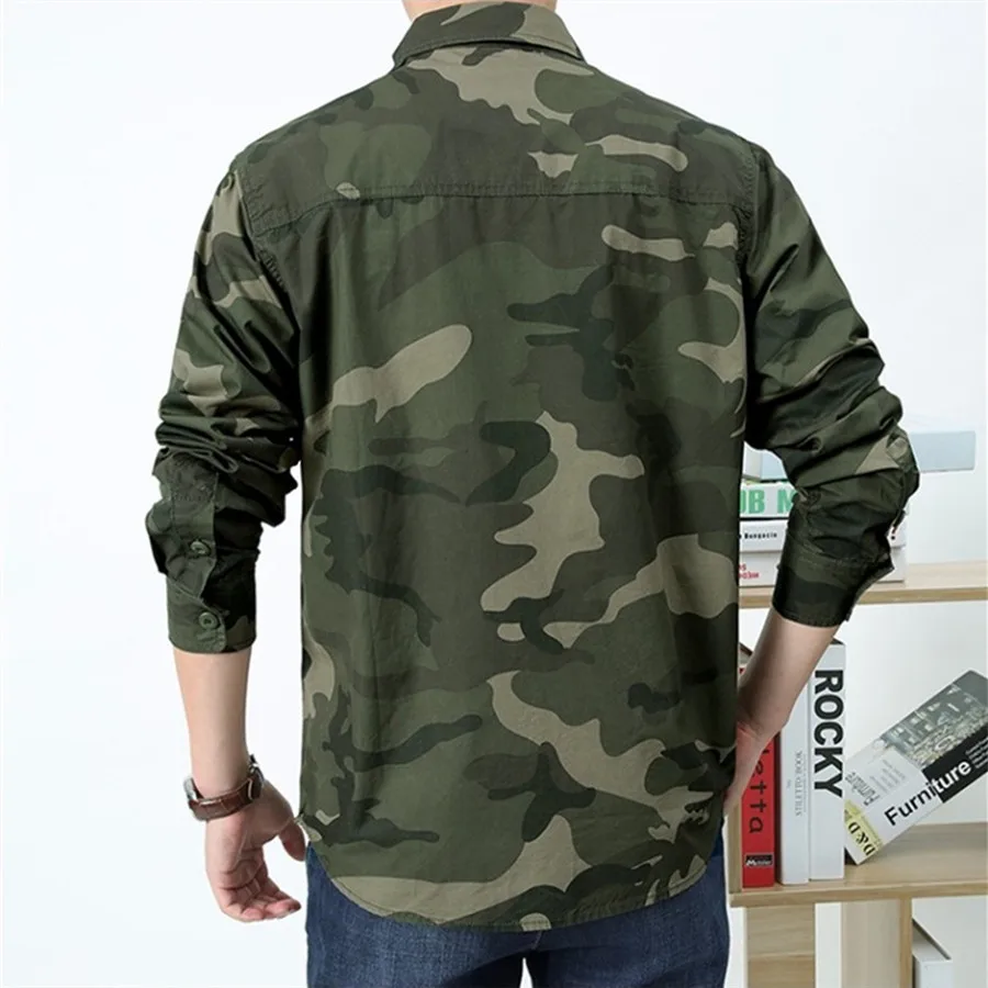 2026 Men's Long Sleeve Cargo Shirt Outdoor Training Hiking Sports Shirt Cotton Camouflage Printed Casual Workwear Men Clothes