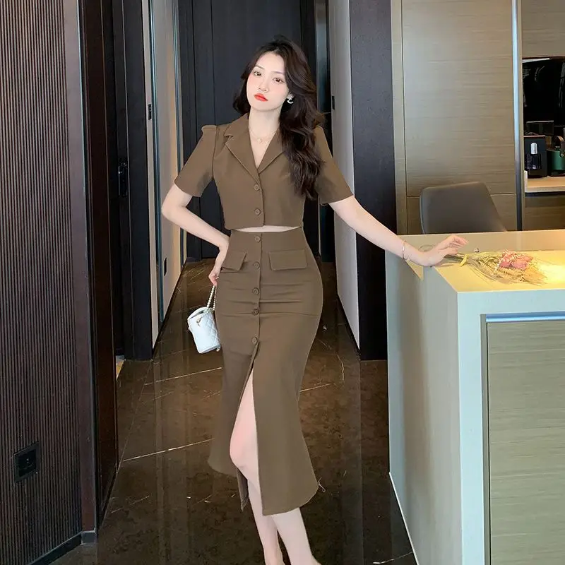 

Female Outfits Mermaid Skirt Midi Party Sexy Slit Women's Two Piece Set Korean Style Chic and Elegant Formal Occasion Casual Hot