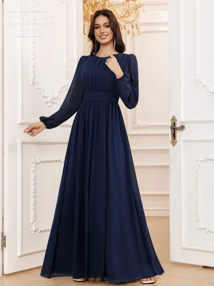 Navy Blue Round-Neck Chiffon Long Dress with Pleated Front, Lantern Sleeves, High-Waist, and Flowing Design, Suitable for Muslim Women, Eid Celebrations, Wedding Guests, and Conservative Evening Wear view 5