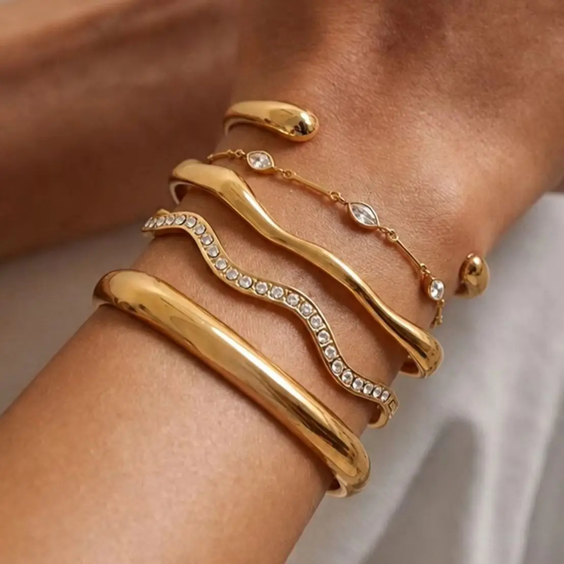 SHIXIN 18K Gold Plated Stainless Steel Geometric Chain Bracelet Women Delicate White Zircon Stackable Bangles Waterproof Jewelry