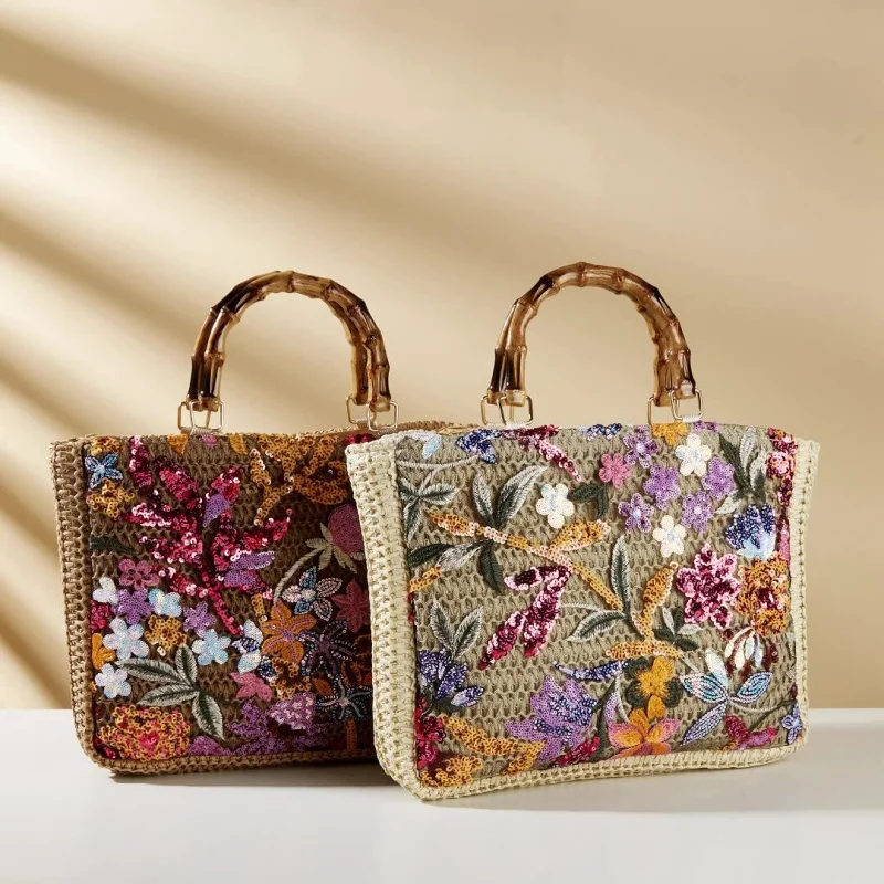 

2026 Luxury Sequins Embroidery Large Tote Bags New Fashion Bamboo Handle Women Handags Lady Woven Straw Flower Summer Beach Bag