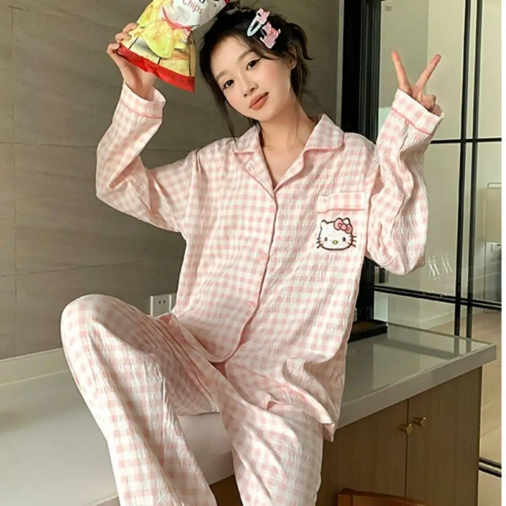 Sanrios Kawaii Women Pajamas Suit Hello Kitty Cotton Cartoon Spring Casual Home Wear Anime Comfortable Long-Sleeved Nightclothes