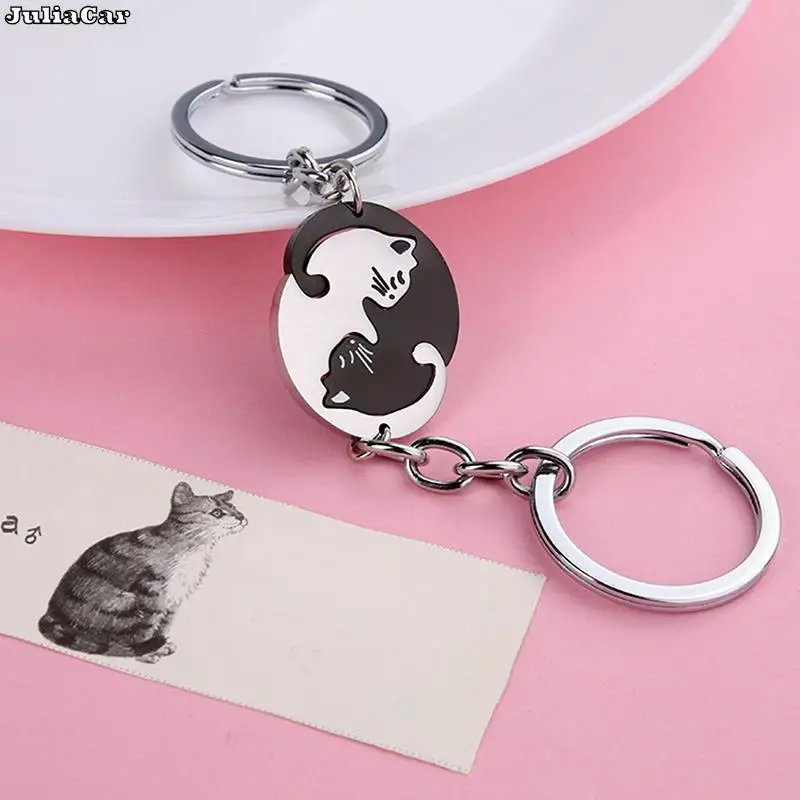 1Pair Cute Black Cat Keychain Patchwork Heart Round Couple Lovers Keyring Stainless Steel Backpack Car Key Ring Hanging Jewelry